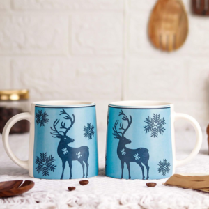 Blue Reindeer Ceramic Coffee Mug Set of 2 – 300ML Microwave and Dishwasher Safe Coffee Cups