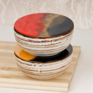 Brown Spiral Marble Ceramic Bowl Set of 2 – 500ML with Lid and Coaster Microwave Safe Serving Bowls