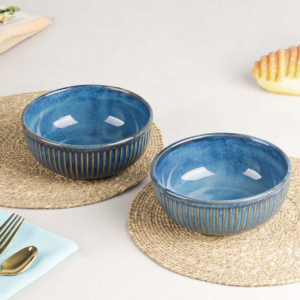 Glam Blue Ceramic Bowl Set of 2 â 500ML Microwave Safe Serving Bowls for Rice, Salad, Snacks