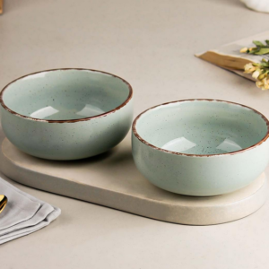Glossy Mint Marble Ceramic Bowl Set of 2 – 580ML Microwave Safe Serving Bowls for Pasta, Noodles and