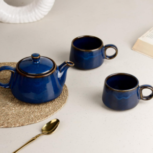 Navy Blue Ceramic Morning Tea Set with 2 Cups and Kettle Microwave Safe