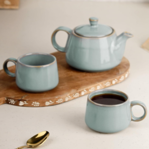 Grey Glaze Ceramic Morning Tea Set with 2 Cups and Kettle Microwave Safe