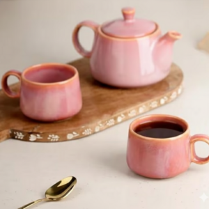 Pink Glaze Ceramic Morning Tea Set with 2 Cups and Kettle Microwave Safe