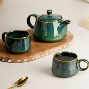 Green Glaze Ceramic Morning Tea Set with 2 Cups and Kettle Microwave Safe