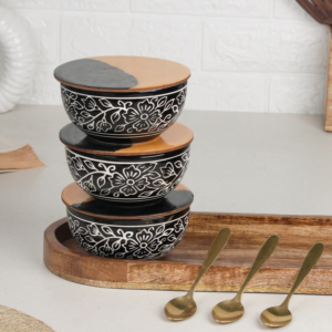 Black Artvine Ceramic Bowl Serving Set with Tray – 3 Bowls, 3 Coasters & 3 Spoons | Elegant Snack & Dessert Serving Set