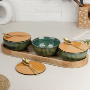 Glam Green Ceramic Bowl Serving Set with Tray â 3 Bowls, 3 Coasters & 3 Spoons | Elegant Snack & Dessert Serving Set
