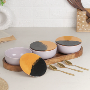 Solid Lavender Ceramic Bowls Serving Set with Tray – 3 Bowls, 3 Coasters & 3 Spoons | Premium Snack Serving Set