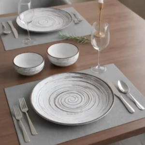 Spiral Brown Ceramic Dinnerware Set – 2 Dinner Plates (10.5”) & 2 Vegetable Bowls | Elegant Ceramic Dining Set