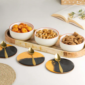 White Marble Ceramic Bowl Serving Set with Tray â 3 Bowls, 3 Coasters & 3 Spoons | Elegant Snack & Dessert Serving Set
