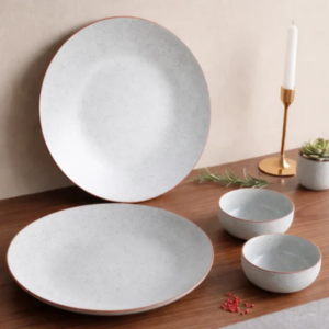 White Matte Brown Marble Ceramic Dinnerware Set – 2 Dinner Plates & 2 Serving Bowls | Elegant Ceramic Dining Set